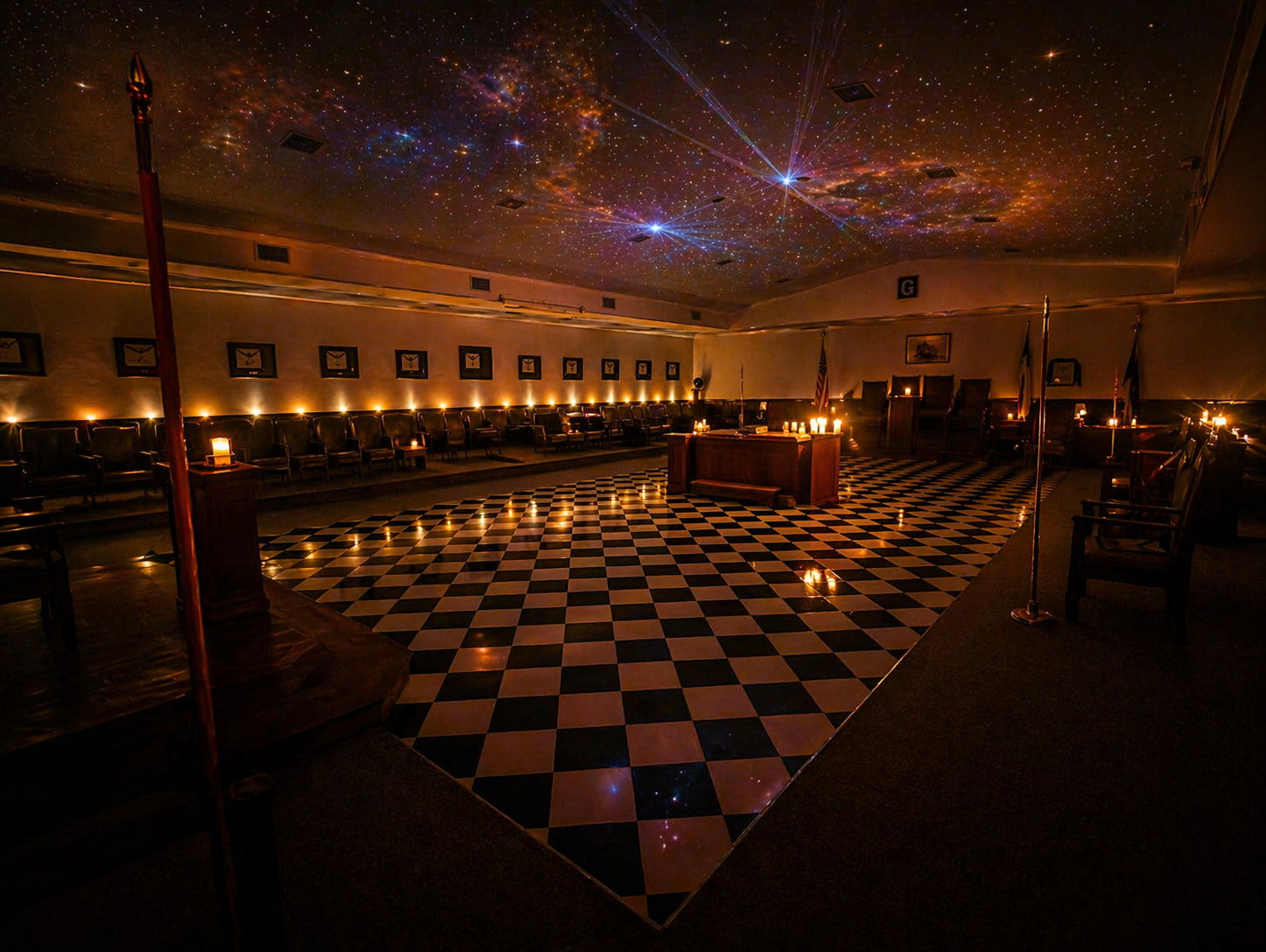 The Clemmons Lodge room — checkered pavement, officers' chairs, and starlit ceiling